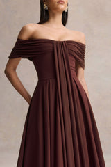 Dearest | Brown Bardot-Neck Midi Dress