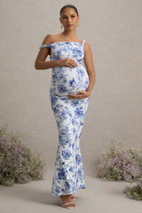 Lita | Blue Floral Print Twisted Asymmetric Maternity Maxi Dress