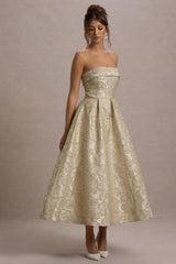 Zuma | Gold Metallic Jacquard Strapless Midi Dress