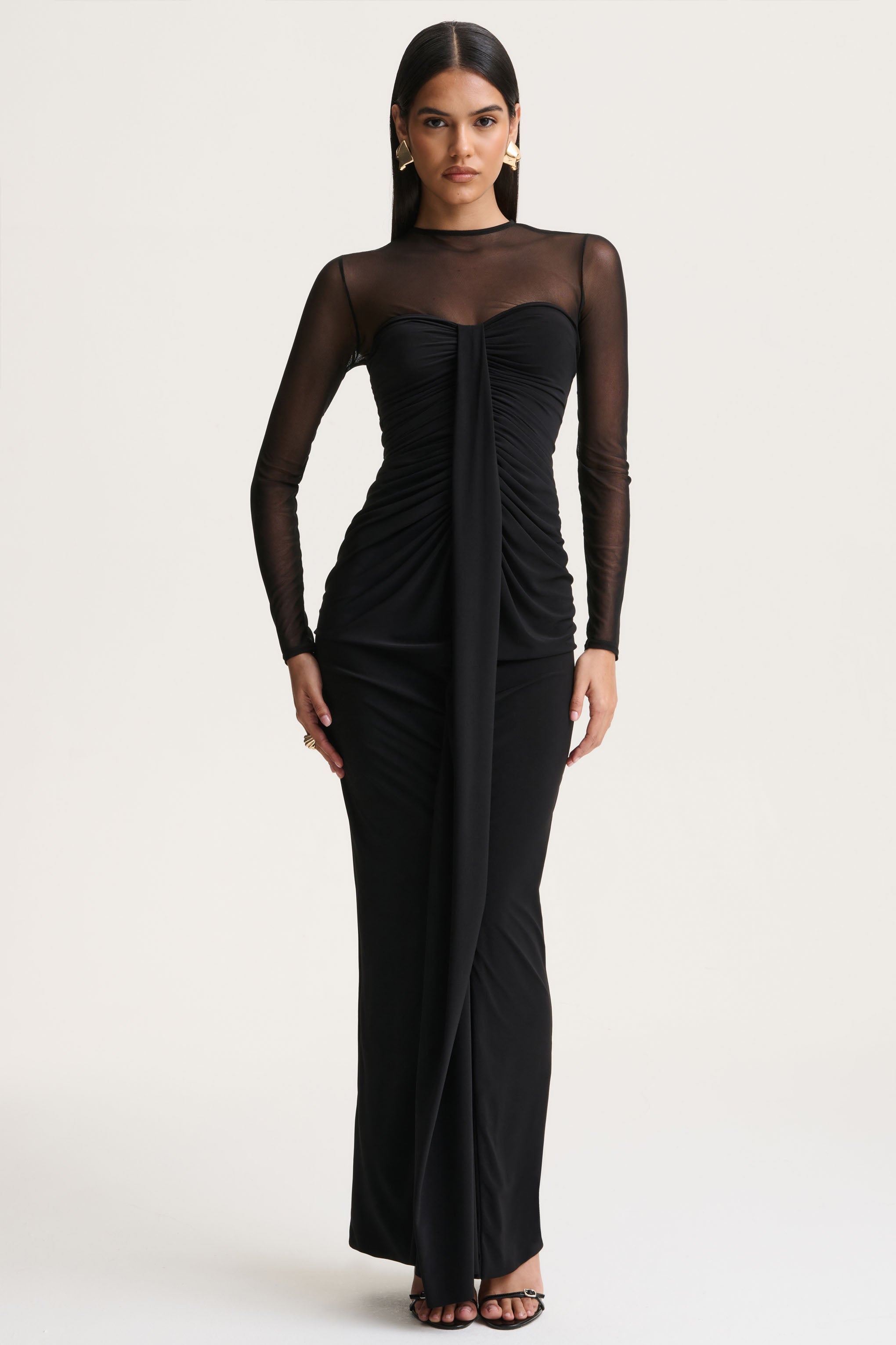 Cadenza | Black Crew-Neck Maxi Dress With Mesh And Gathered-Detailing