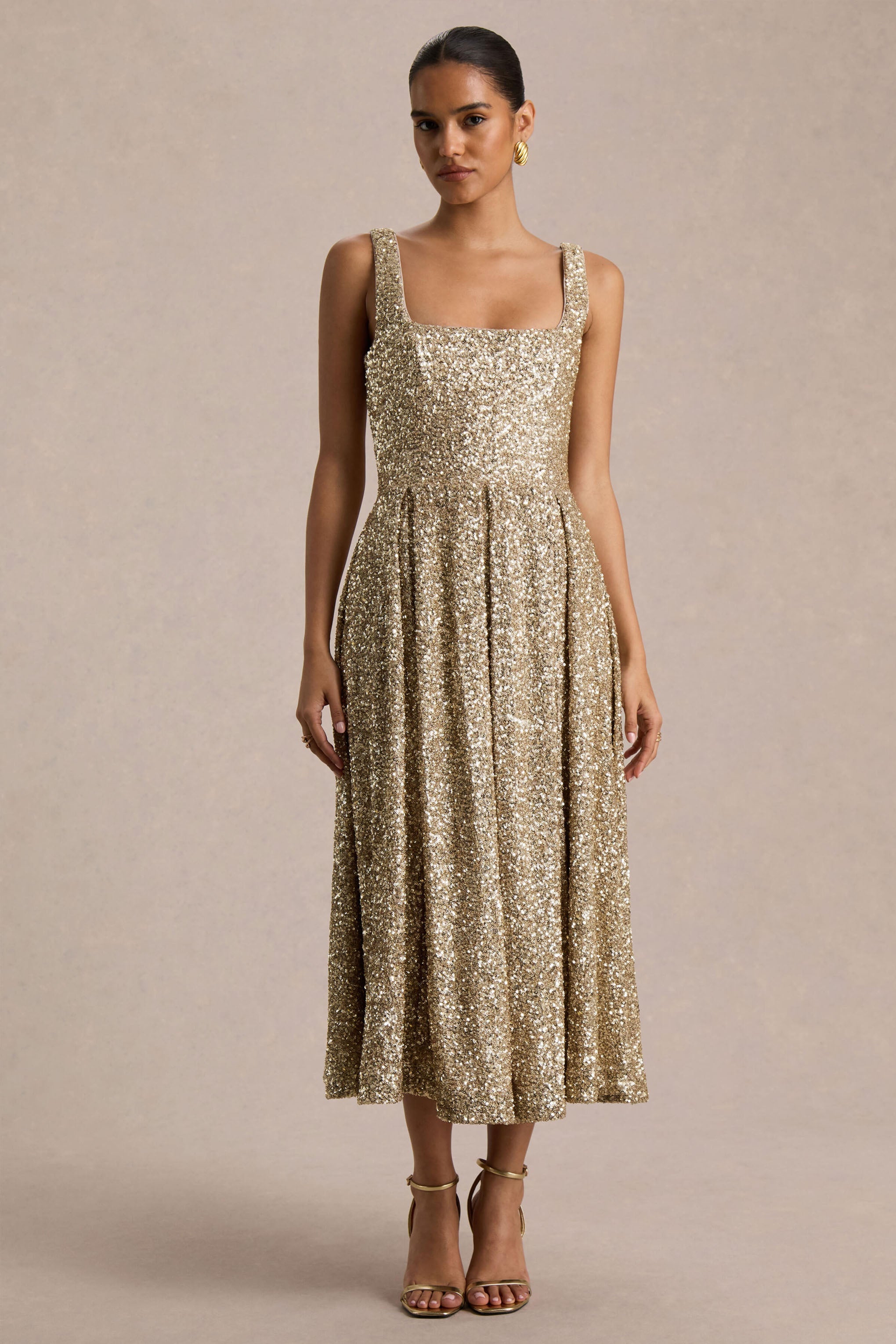 Lima | Champagne Sequin Square-Neck A-Line Midi Dress