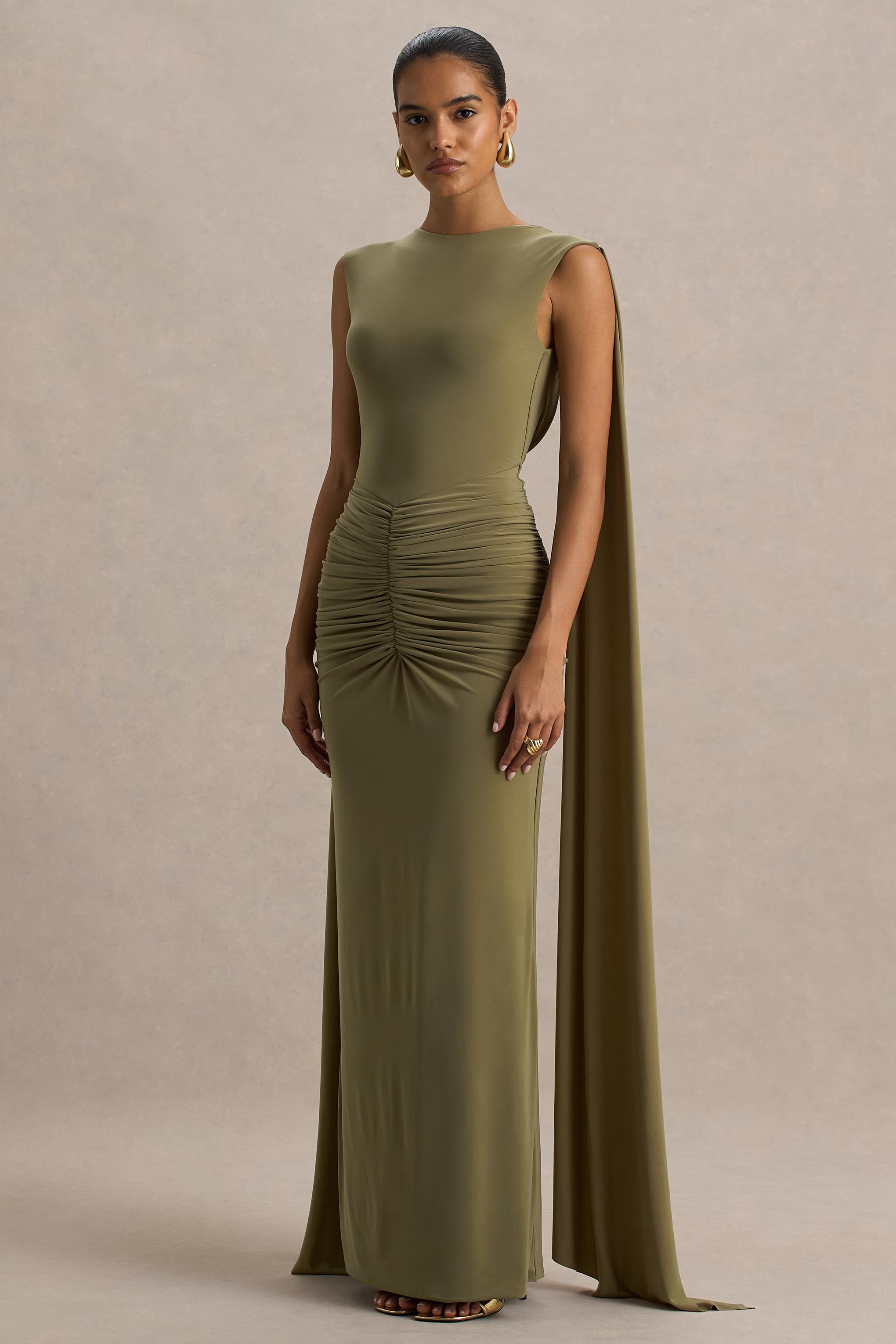 Premiere | Olive Boat-Neck Maxi Dress With Cape-Sleeves And Open-Back