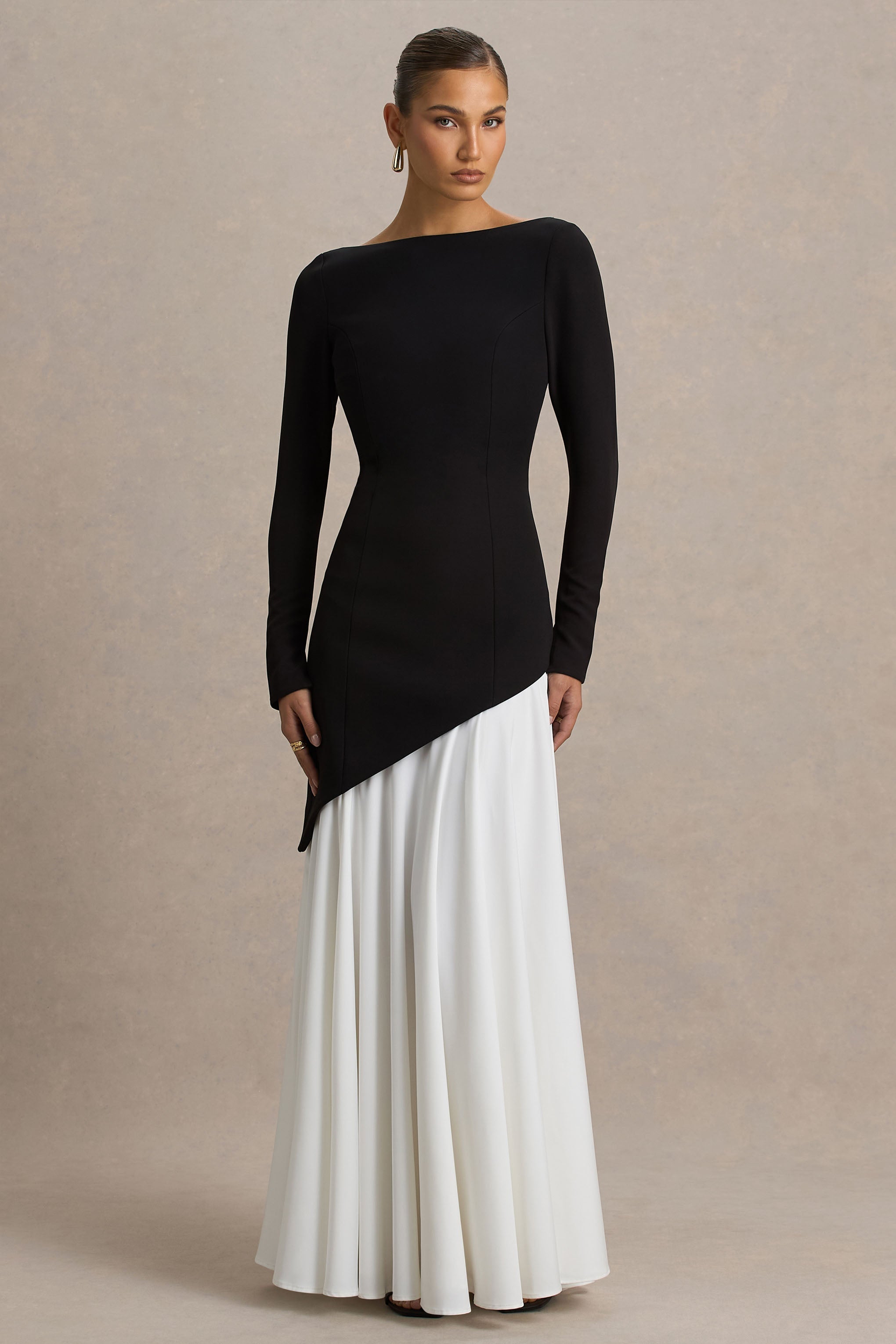 Caty | Black And White Long-Sleeved Maxi Dress With Asymmetric Drop-Waist