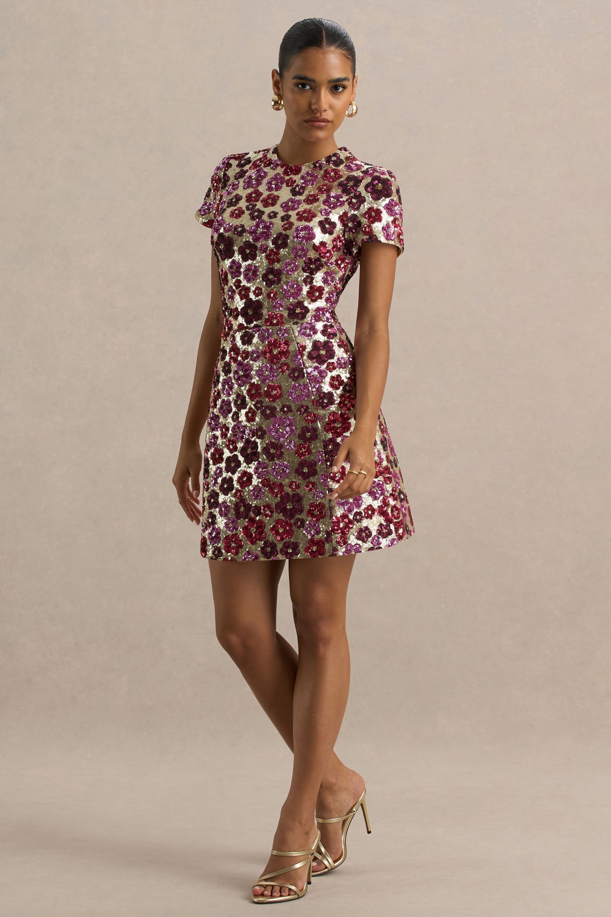 Eira | Pink Floral Embellished Sequin Crew-Neck Mini Dress