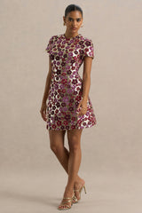 Eira | Pink Floral Embellished Sequin Crew-Neck Mini Dress
