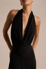 Verity | Black Cowl-Neck Maxi Dress With Sheer-Skirt