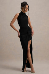 Hayden | Black High-Neck Draped Split Maxi Dress