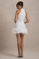 Lumi | White Sequin High-Neck Feather Trim Mini Dress