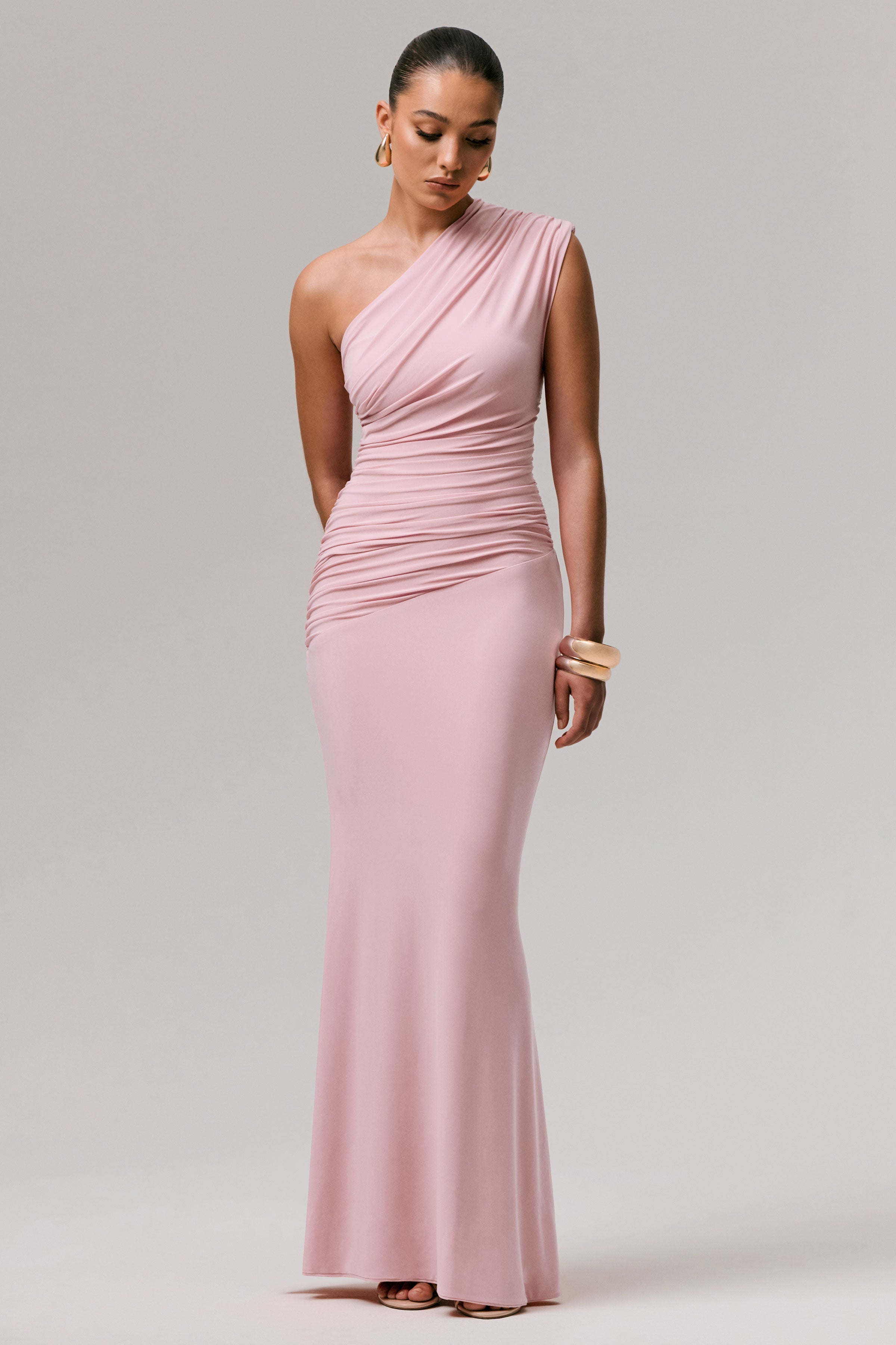 Mardi | Pink Asymmetric Maxi Dress With Ruching