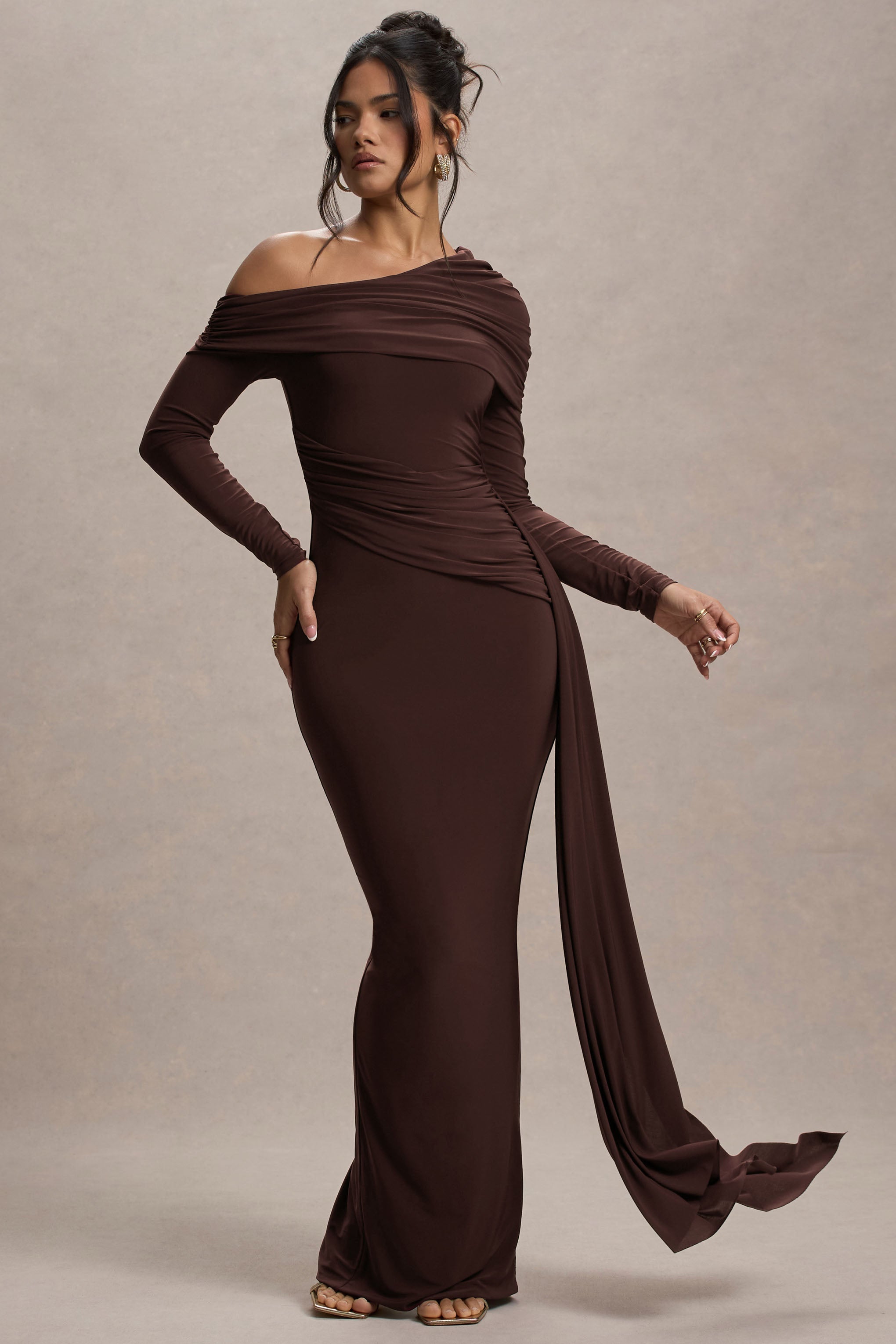 Valina | Brown Ruched Asymmetric Maxi Dress With Drape