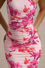 Dalarie | Pink and Orange Floral Print One-Shoulder Gathered Maxi Dress
