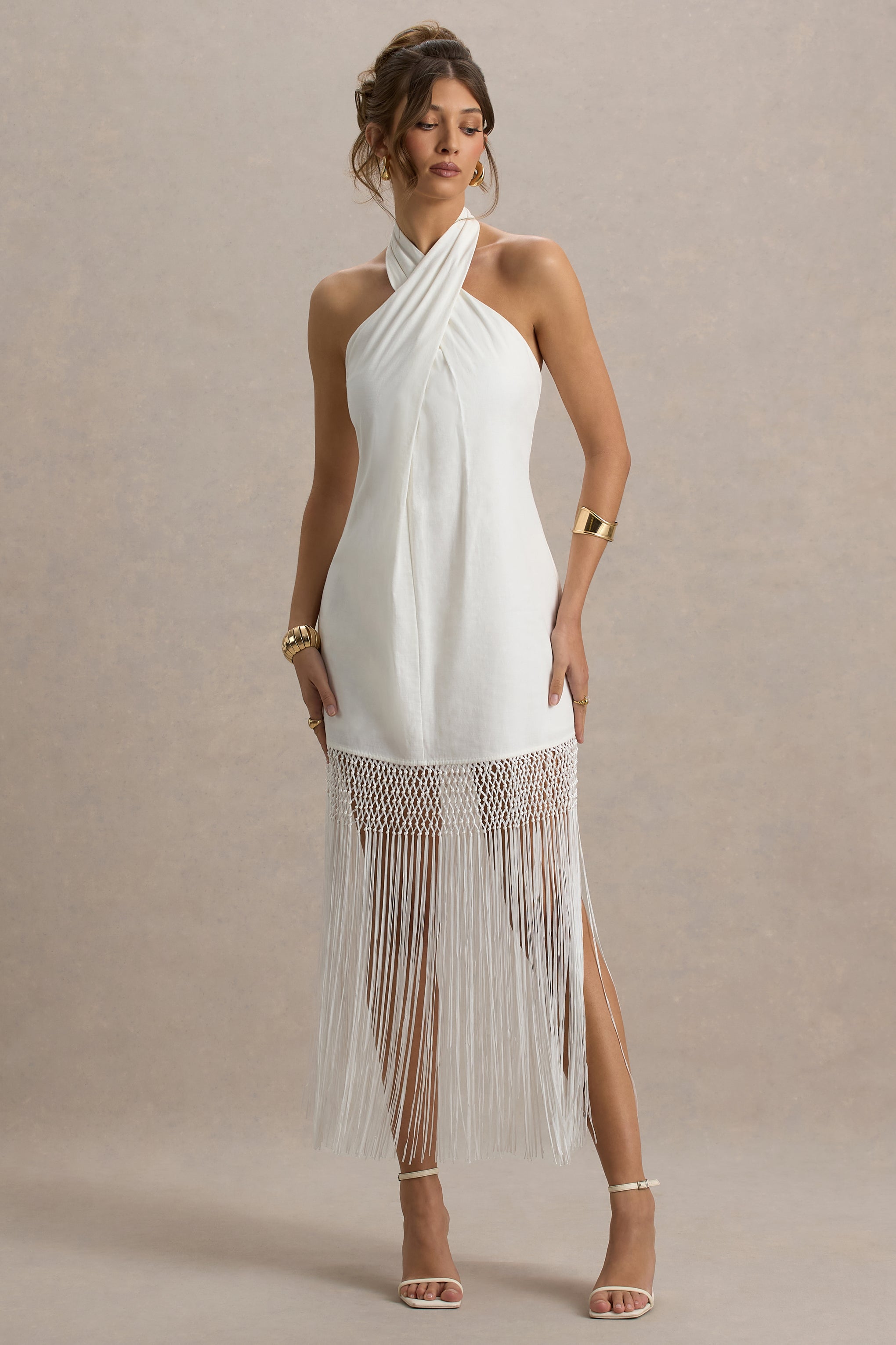 Fiametta | Ecru Linen Halter-Neck Fringe Maxi Dress