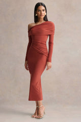 Elliora | Rust Asymmetric-Neck Midi Dress