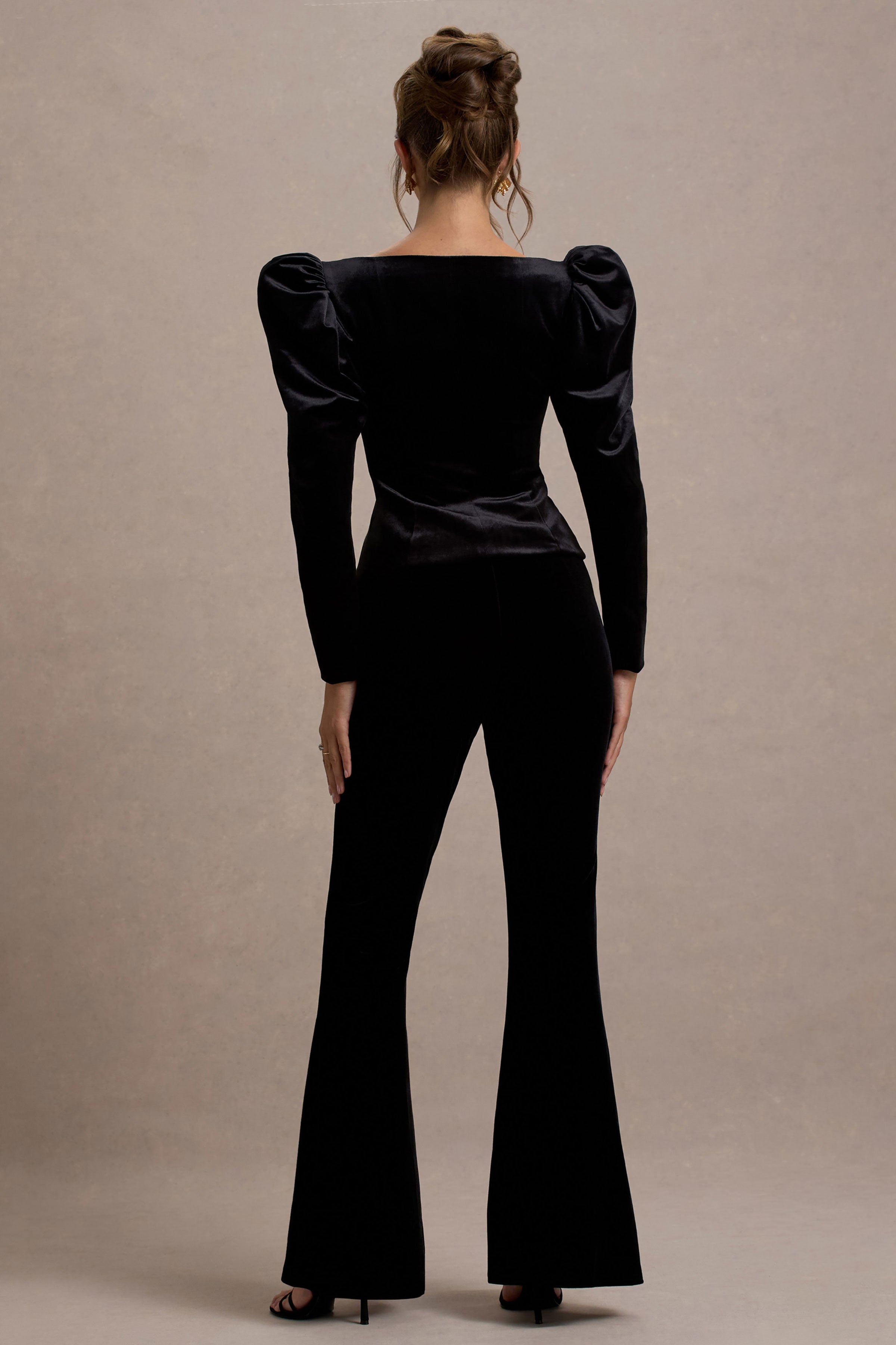 Suzu | Black Velvet Puff-Sleeve Top With Bows