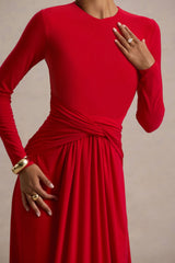 Estrella | Red High-Neck Maxi Dress With Ruched Detailing