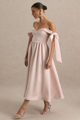 Agafay | Rose Pink Satin Short-Sleeve Bardot Wrap Midi Dress With Bow Detail