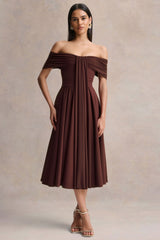 Dearest | Brown Bardot-Neck Midi Dress