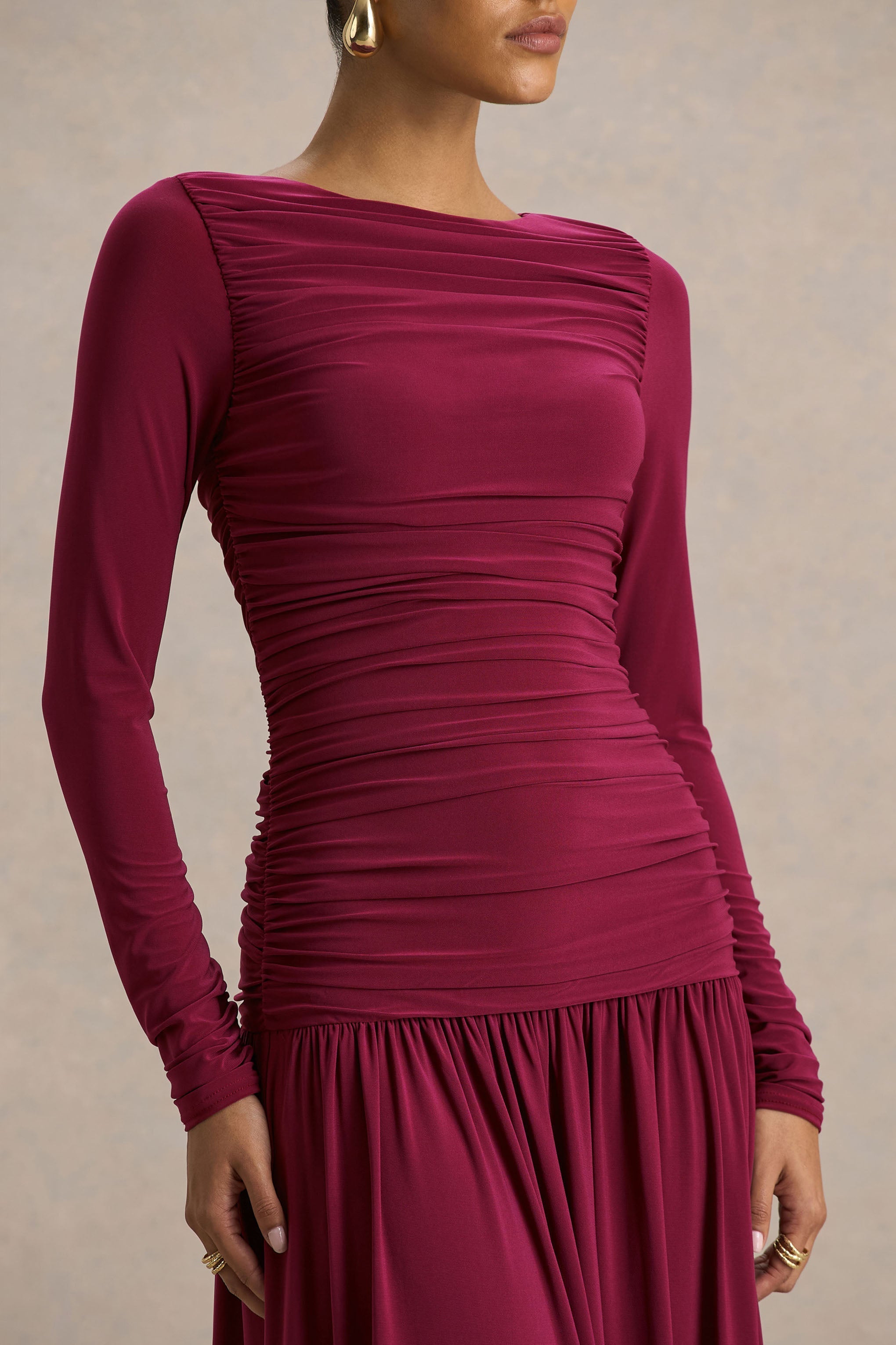 Aniyah | Burgundy Slashed-Neck Maxi Dress With Ruched Detailing