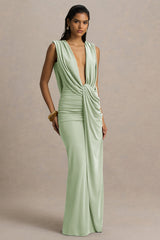 Serafina | Light Green Extreme-Plunge Neck Maxi Dress With Wrap And Ruched Details