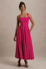 Parina | Hot Pink Strappy Volume-Hem Midi Dress