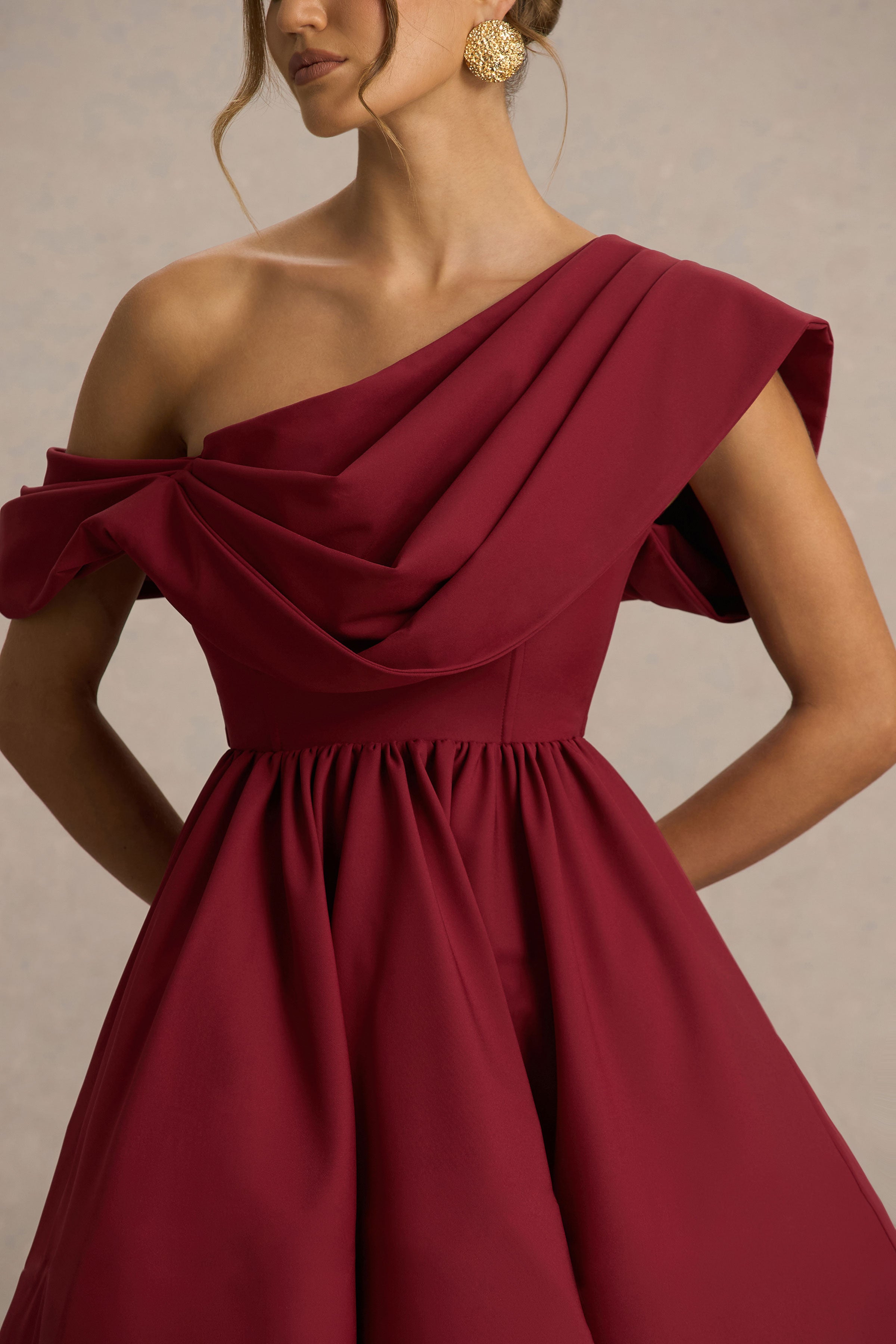 Verona | Burgundy  Draped Asymmetric-Neck Skater Mini Dress