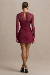 Bijou | Burgundy Square-Neck Lace Long-Sleeve Mini Dress
