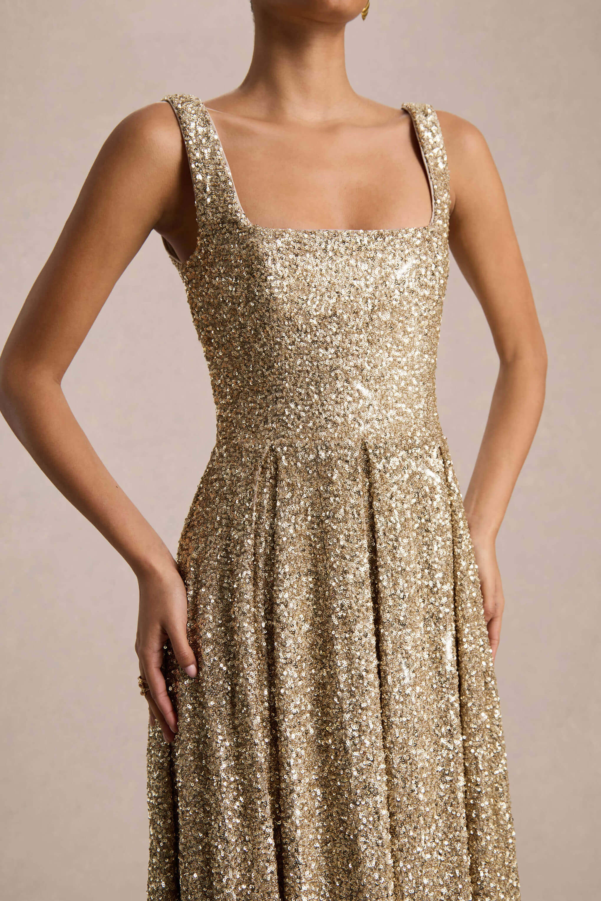 Lima | Champagne Sequin Square-Neck A-Line Midi Dress