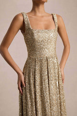 Lima | Champagne Sequin Square-Neck A-Line Midi Dress
