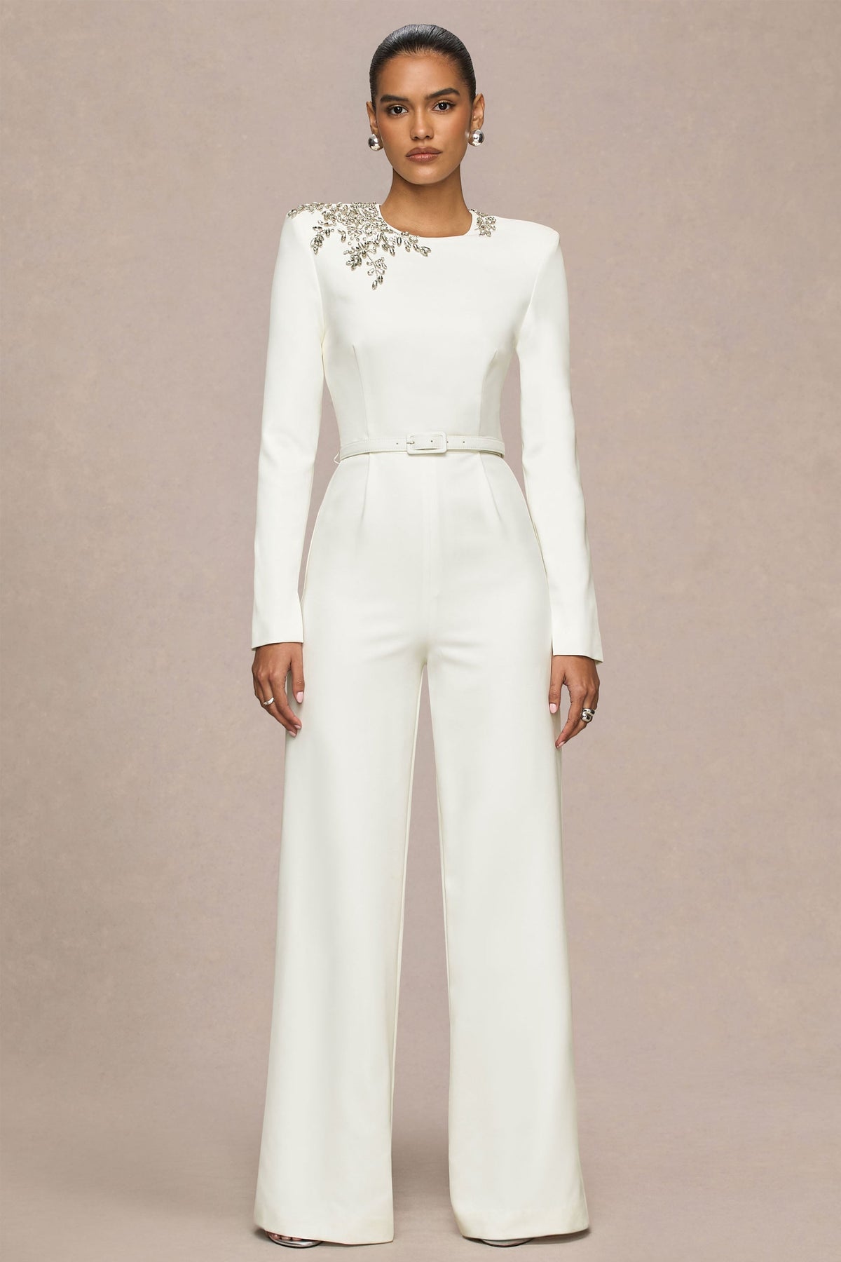 Prize | Cream Crew-Neck Jumpsuit With Embellishment Detail