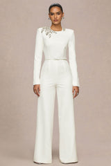 Prize | Cream Crew-Neck Jumpsuit With Embellishment Detail