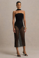 Tamala | Black High-Neck Midi Dress With Lace Skirt