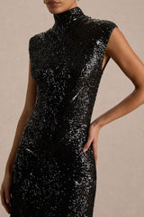Cecy | Black Sequin High-Neck Maxi Dress With Cap Sleeves
