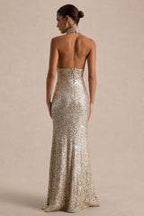 Tulia | Gold Sequin High-Neck Maxi Dress
