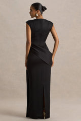 Influence | Black Satin Slashed-Neck Maxi Dress With Embellished Detail And Sash