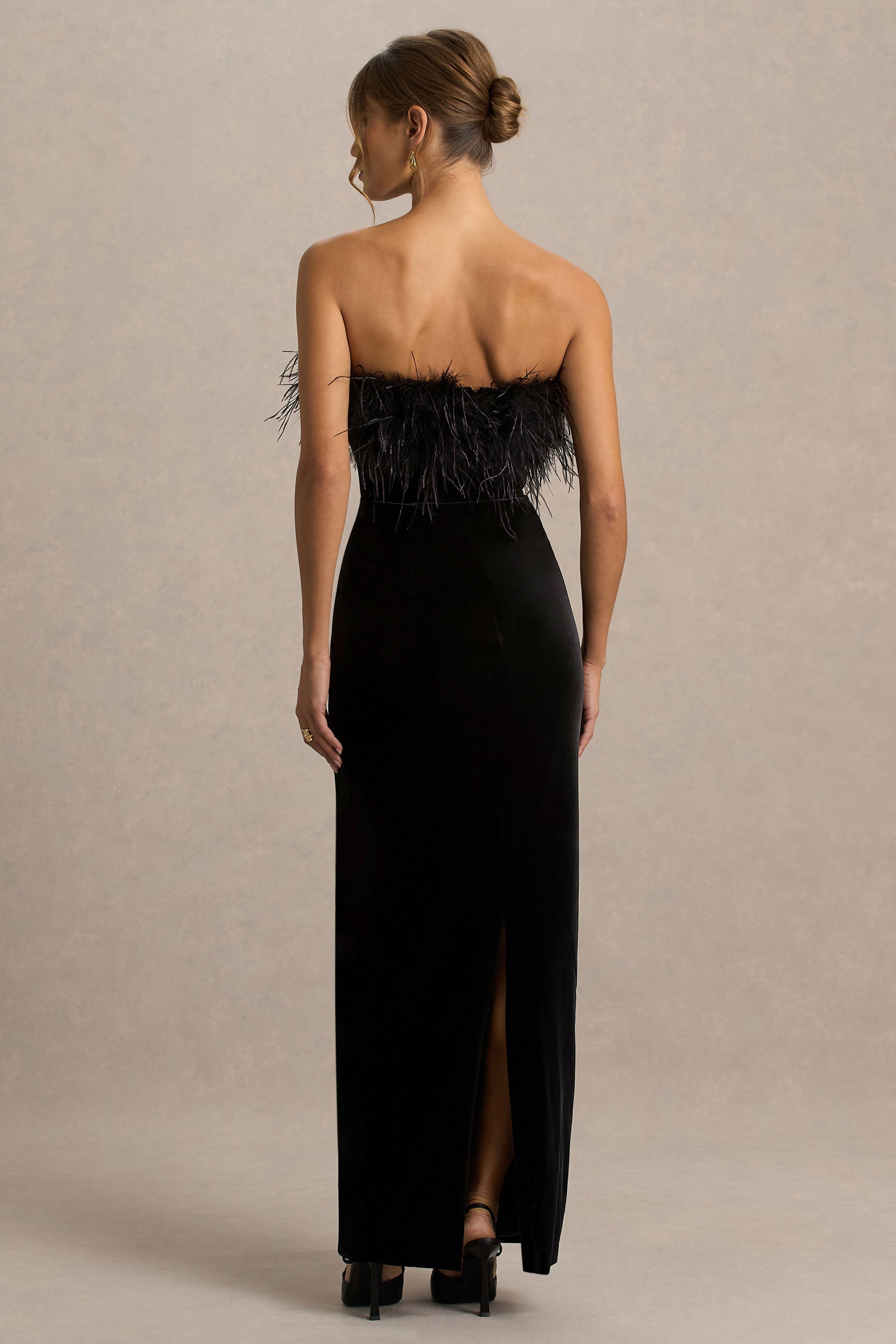 Arella | Black Velvet Bandeau Maxi Dress With Feather Trim