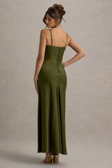 Eimear | Olive Green Satin Draped Sweetheart Maxi Dress
