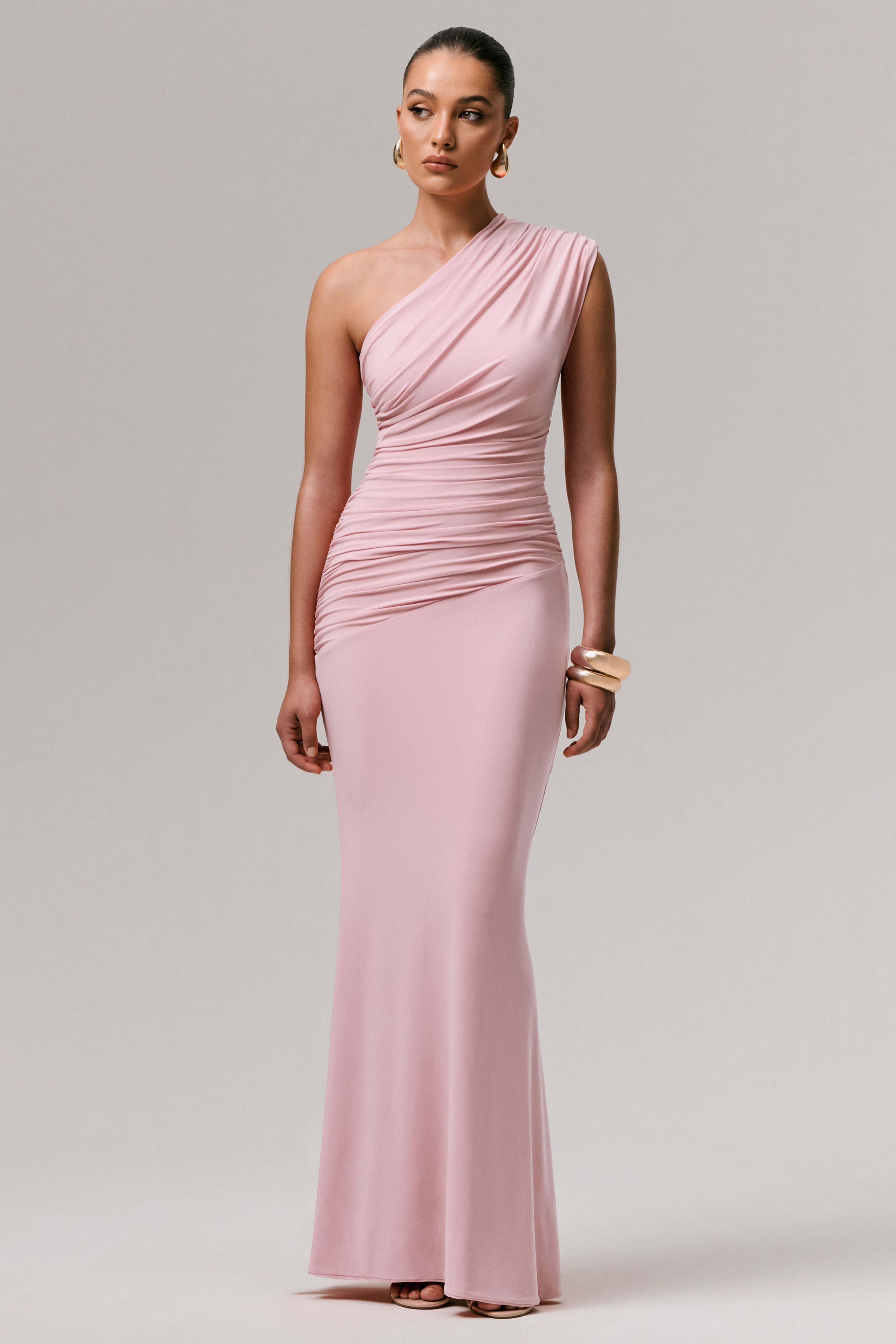 Mardi | Pink Asymmetric Maxi Dress With Ruching