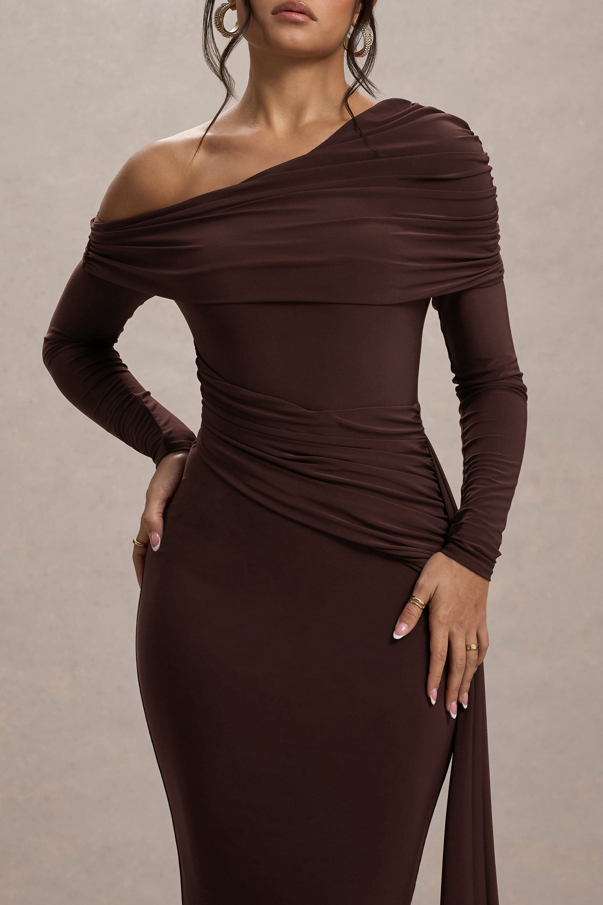 Valina | Brown Ruched Asymmetric Maxi Dress With Drape