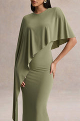 Ravena | Olive Crew-Neck Maxi Dress With Asymmetric-Cape Sleeve