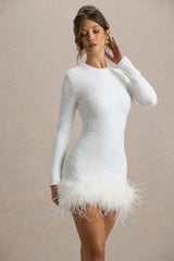 Claudia | White Sequin Crew-Neck Feather Hem Mini Dress With Long Sleeves