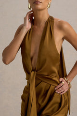 Lynette | Olive Satin Plunge-Neck Maxi Dress With Asymmetric Hem