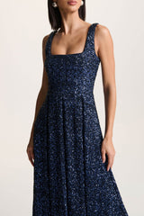 Lima | Navy Sequin Square-Neck A-Line Midi Dress