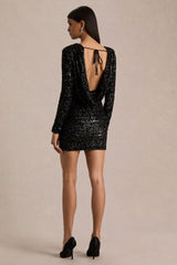 Mercedes | Black Sequin Boat-Neck Mini Dress With Draped Detail And Open Back