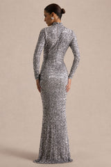 Galaxy | Silver Sequin Turtle-Neck Long-Sleeve Maxi Dress