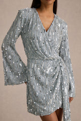 Carmina | Silver Sequin Plunge-Neck Wrap Mini Dress With Sash Detail