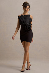 Olivette | Black Ruffled Mini Dress With Corsage Detail