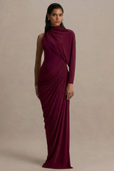 Aphra | Burgundy High-Neck Maxi Dress With Cape-Sleeve