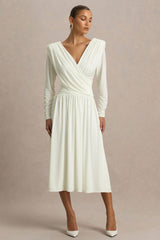Alexis | Cream Plunge-Neck Midi Dress With Draped And Ruched Detailing