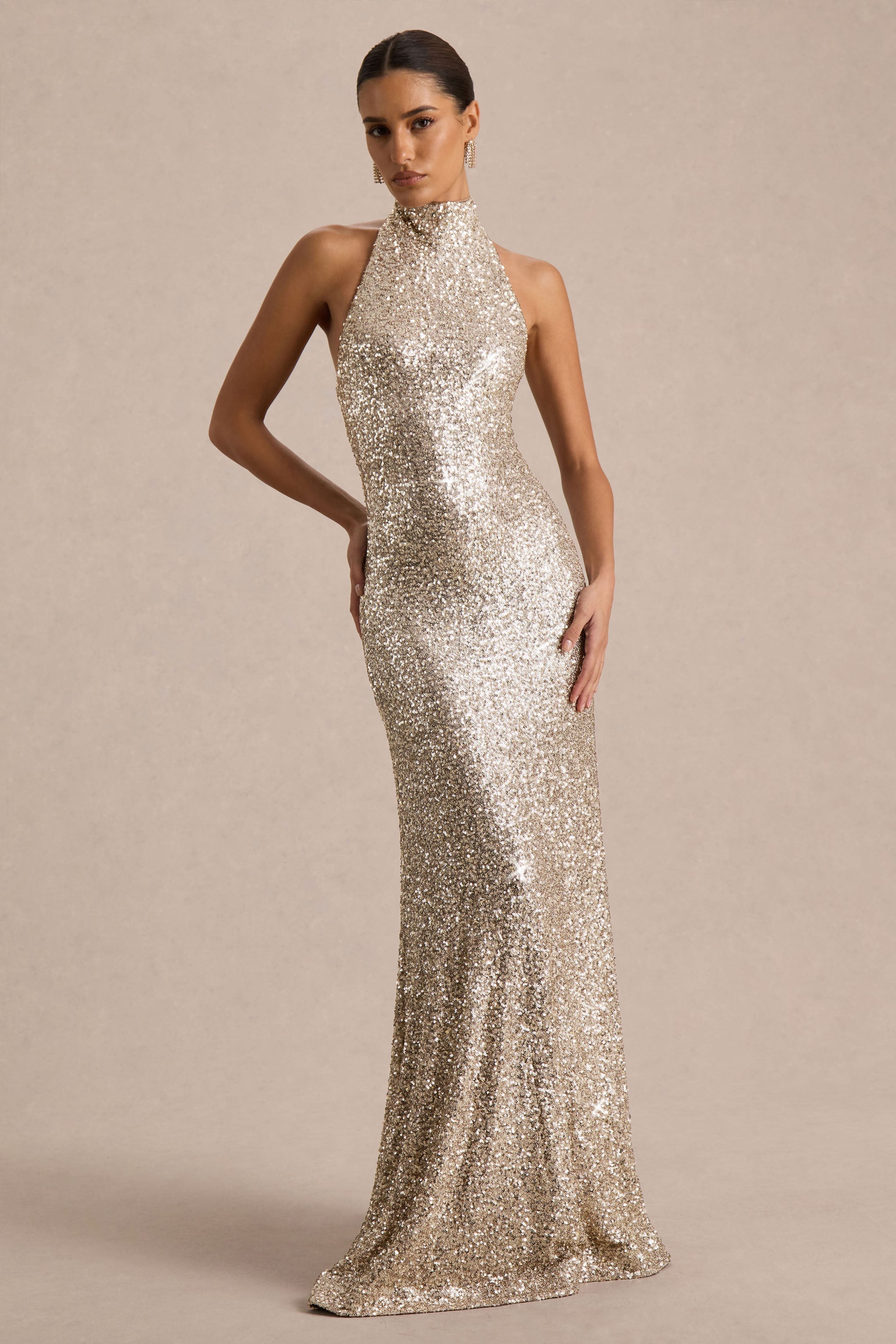 Tulia | Gold Sequin High-Neck Maxi Dress
