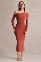 Elliora | Rust Asymmetric-Neck Midi Dress